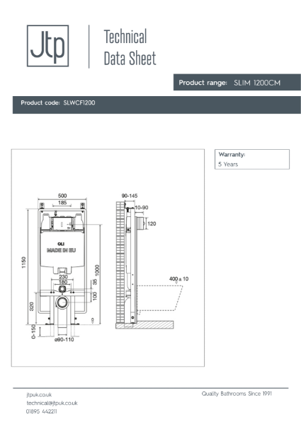 Pre-wall Freestanding WC 1200 mm Slim – Product Data Sheet