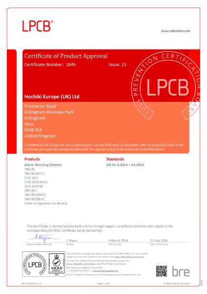 Certificate of Product Approval - EN 54-3 | Products: YBO-BS and CHQ-WS2 | Bases: YBN-R/3, YBO-R/3 and YBV-R/4