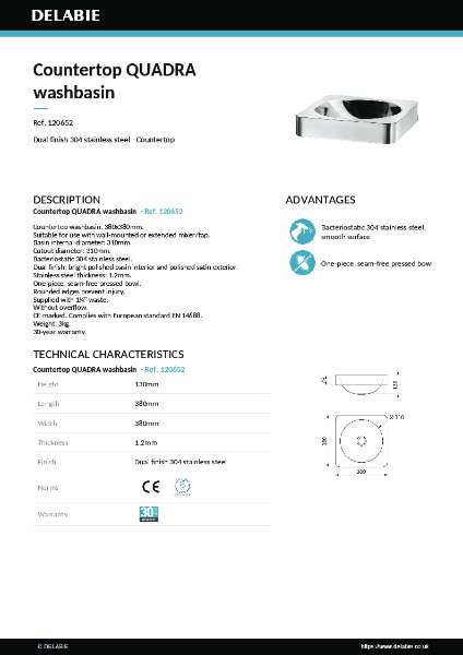 Countertop QUADRA basin 120652 data sheet
