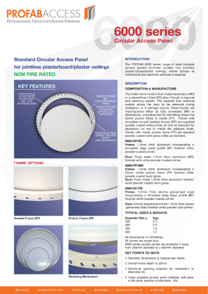 Profab 6000 Series Circular Ceiling Access Panel Non-Fire Rated