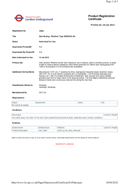 AATi certificate for product ref: SN293/WL/84