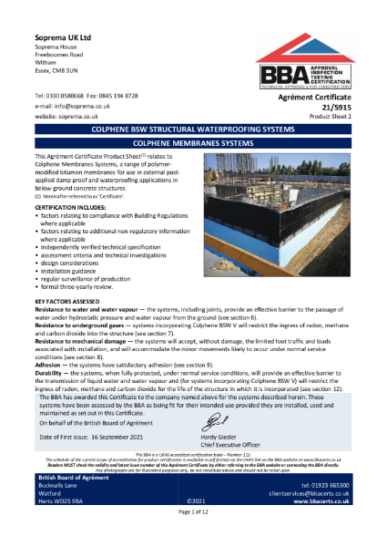 COLPHENE MEMBRANE SYSTEMS - A range of polymer-modified bitumen membranes for use in external post-applied damp proof and waterproofing applications in below-ground concrete structures