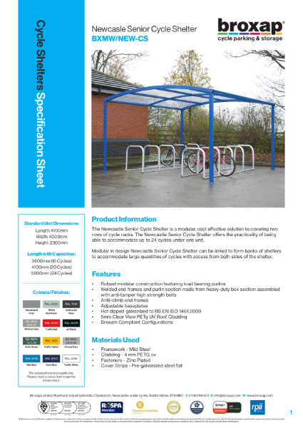 Newcastle Senior Cycle Shelter Specification Sheet