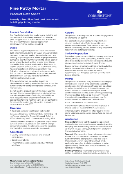 Fine Putty Mortar - Product Datasheet