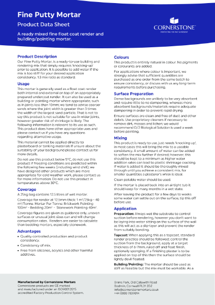 Fine Putty Mortar - Product Data Sheet