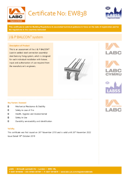 LABC Assessment Certificate For J & P BALCON - EW838