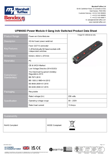 UPM4003 Power Module 4 Gang Indv Switched Product Data Sheet