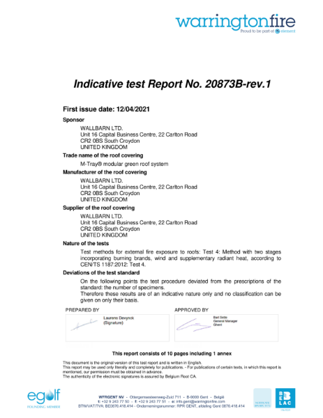 M-Tray® Modular Green Roof System - t(4) External Fire Exposure to Roofs - Indicative Test Report