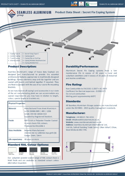 Coping System Data Sheet