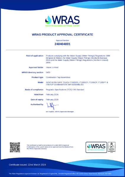 WRAS certificate for RT623 | Pressalit Limited | NBS Source