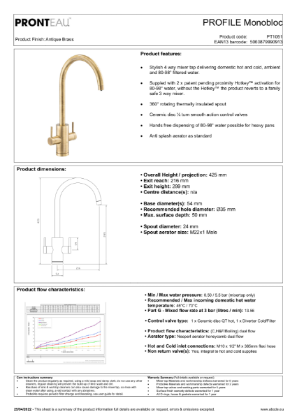 PT1051 Pronteau Profile Monobloc (Antique Brass), 4 IN 1 Steaming Hot Water Tap - Consumer Spec