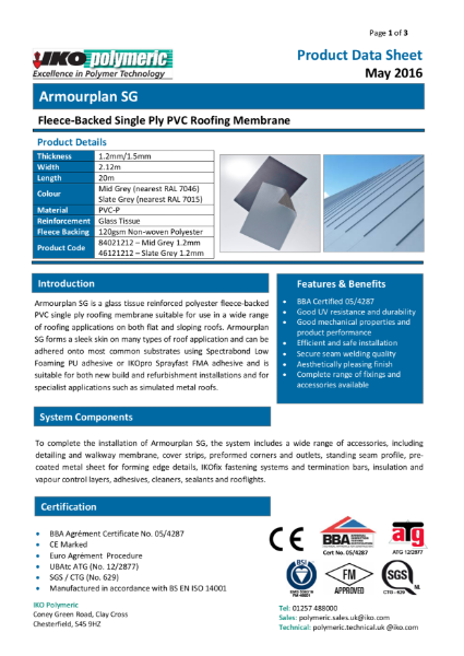 IKO Armourplan SG PVC single ply roofing membrane datasheet