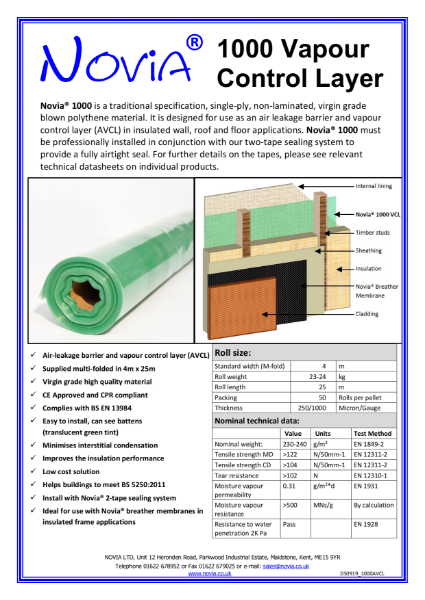 Novia 1000 Gauge Polythene Vapour Control Layer