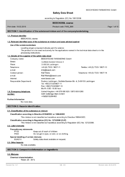 Beeck Beeckosil Coarse - Safety Data Sheet