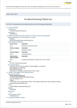Safety Data Sheet - Pro-Bond Foaming 750ml