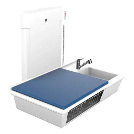 Stellebord - Løsning med lavtgående puslebord, 800 x 1400 mm, elektrisk højderegulérbart, med sanitet og madras