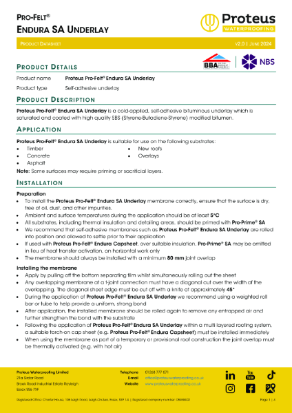 Product Data Sheet - Proteus Pro-Felt® Endura SA Underlay