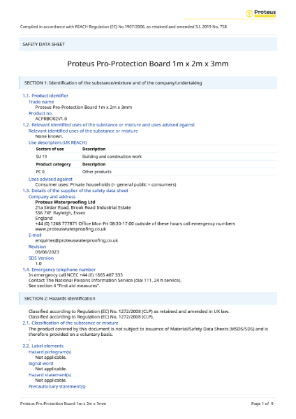 Material Safety Data Sheet - Proteus Pro-Protection Board