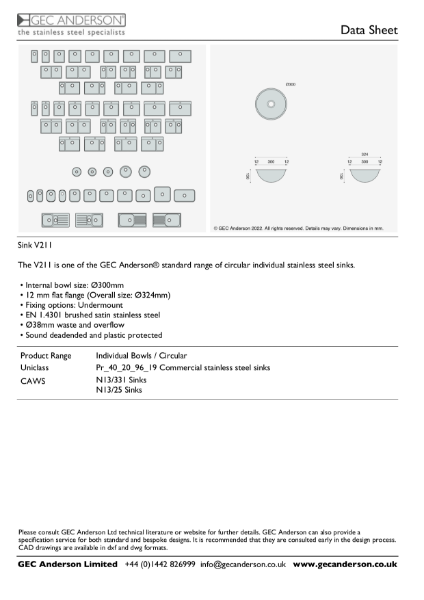 GEC Anderson Data Sheet - Sink Bowl: V211