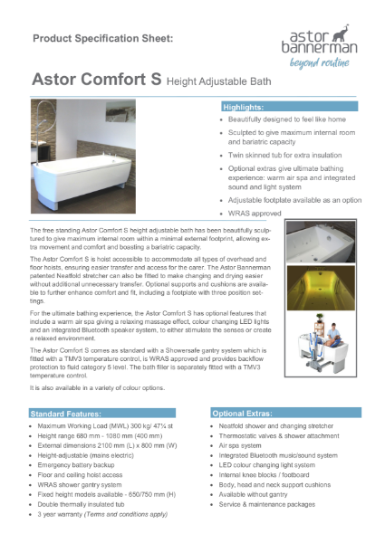 Astor Comfort S Height Adjustable Bath - Specification Sheet