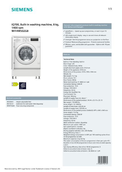 iQ700, Built-in washing machine, 8 kg, 1400 rpm WI14W502GB