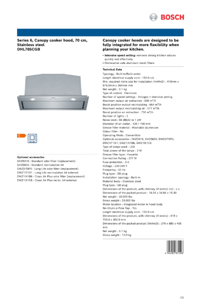 Series 6, Canopy cooker hood, 70 cm,
Stainless steel
DHL785CGB