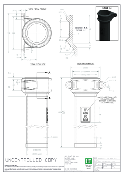 90mm (3.5") Eared LCC Soil Pipe Drawing