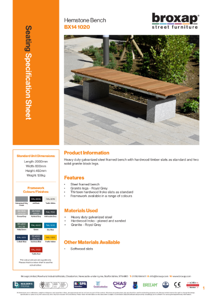 Hemstone Bench Specification Sheet