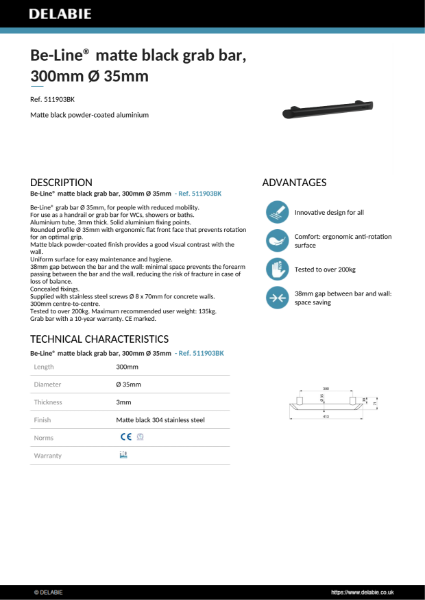 Be-Line® Grab Bars - Black, 300 mm Product Data Sheet