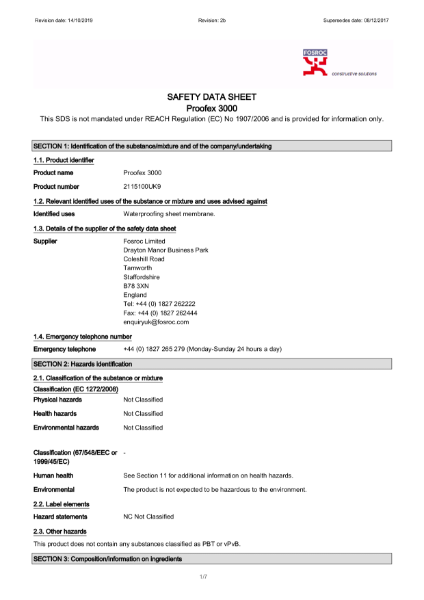 Fosroc Proofex 3000 Safety Data Sheet