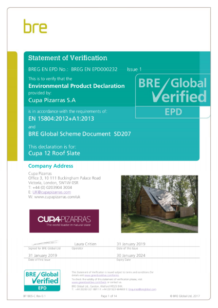 BRE Global Verified (EPD) – CUPA 12