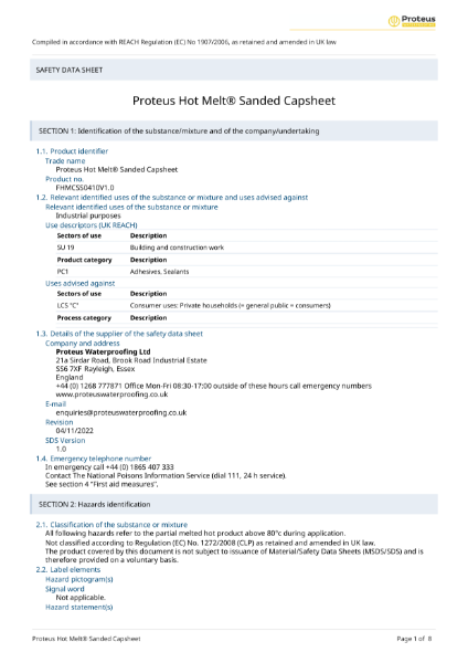 Material Safety Data Sheet - Proteus Hot Melt® Capsheet