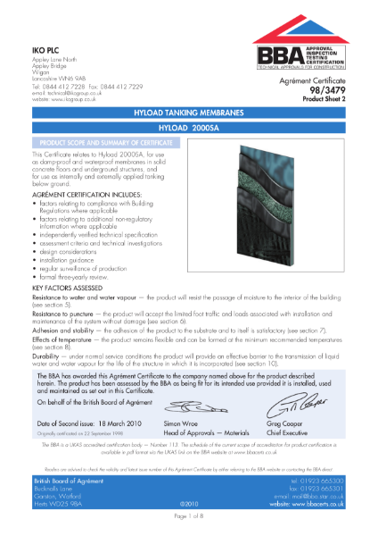 BBA Certificate 98 3479 - IKO Hyload Tanking Membrane 2000SA