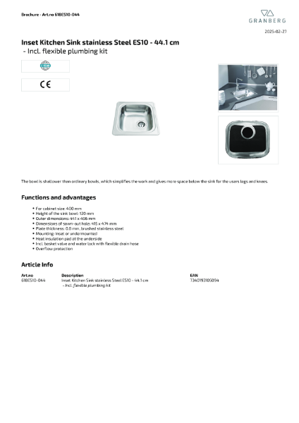 Technical Data Sheet Granberg Sink ES10