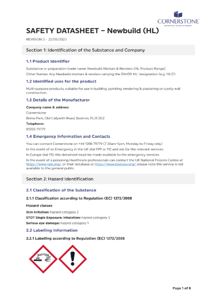 Cornerstone Newbuild - Safety Datasheet