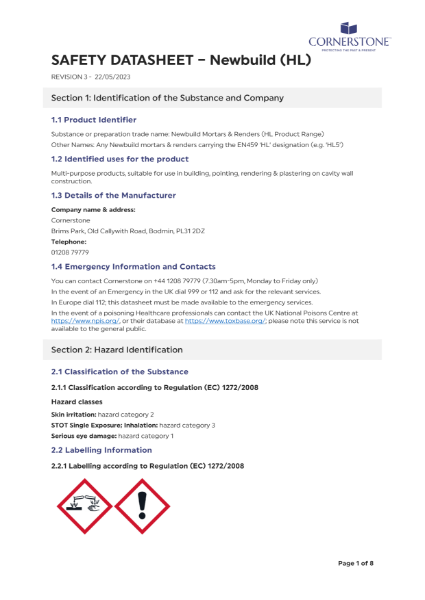 Cornerstone New Build - Safety Data Sheet