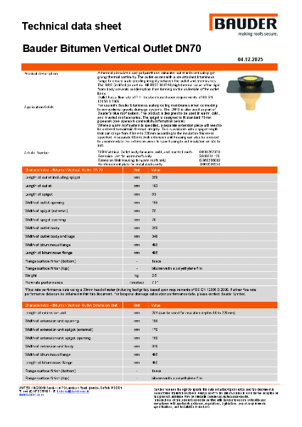 Bauder Bitumen Vertical Outlet DN70 - Technical Data Sheet
