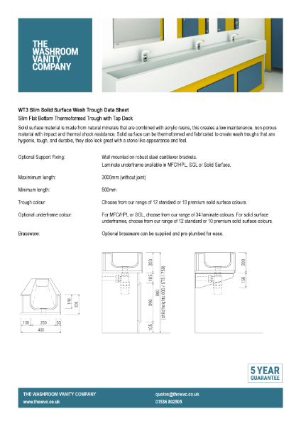 Solid Surface Slim Flat Bottomed Wash Trough With Tap Deck - WT3 Slim