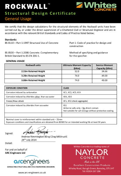 Rockwall Precast L-Shaped Retaining  Wall design certificate