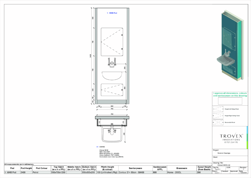 Hygipod Hand Basin Full Height – Example Drawing