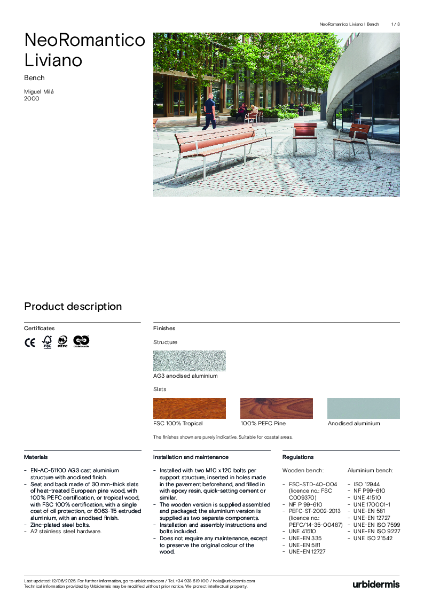 NeoRomantico Liviano Benches Data sheet
