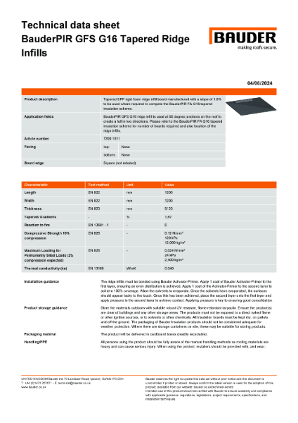 BauderPIR GFS G16 Tapered Ridge Infill - Technical Data Sheet