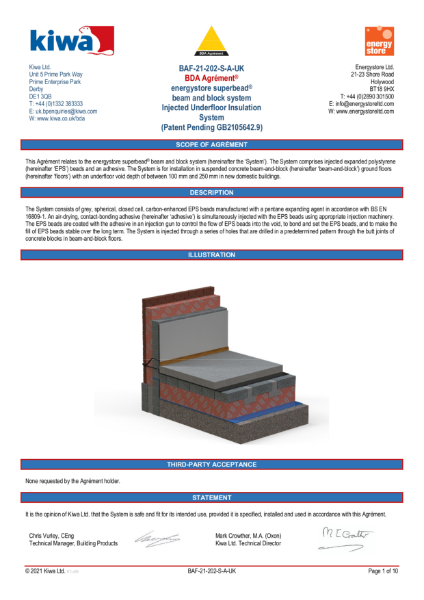 energystore superbead beam + block Kiwa BDA Agrément BAF-21-202-S-A-UK