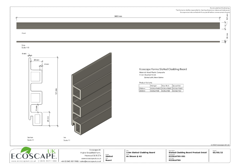 Ecoscape UK 3600 x 121 x 24mm Forma Slatted Cladding Product Detail Drawing