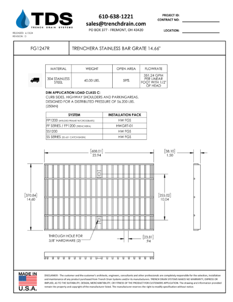 TrenchEra Stainless Bar Grate 14.66" - FG1247R