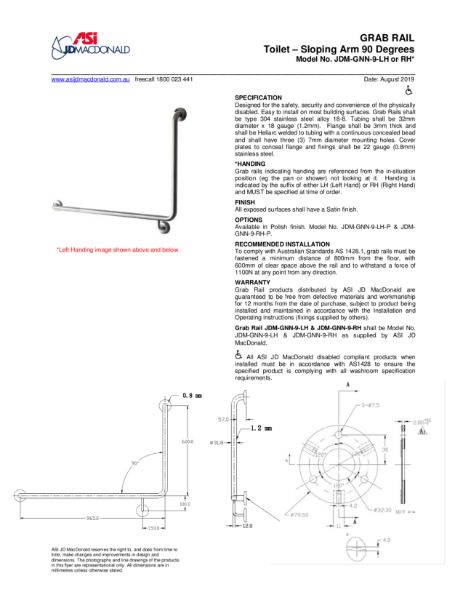 Grab Rail – Sloping Arm 90 Degrees Specification Sheet