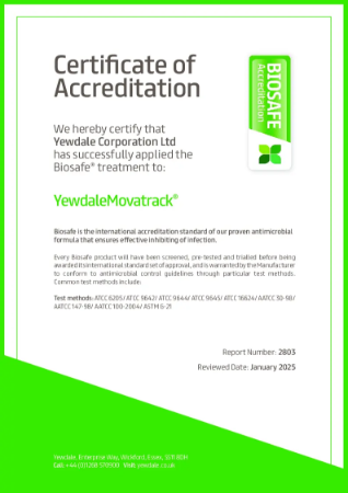 Biosafe anti-bacterial Movatrack cubicle track certificate
