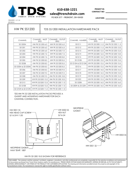 TDS SS1200 Installation Hardware Pack