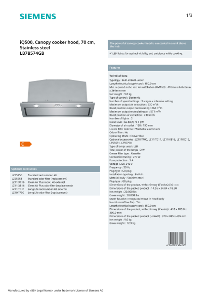 iQ500, Canopy cooker hood, 70 cm, Stainless steel LB78574GB