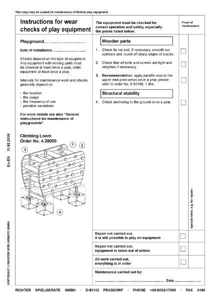 Timberplay Climbing Structure Frames - Climbing Loom - Maintenance Instructions